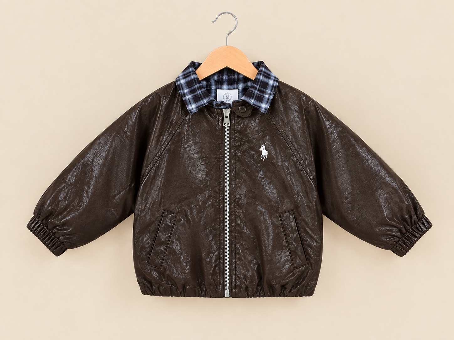 Stylish Faux Leather Jacket With Plaid Collar For Kids Cool Winter Outerwear Outfit
