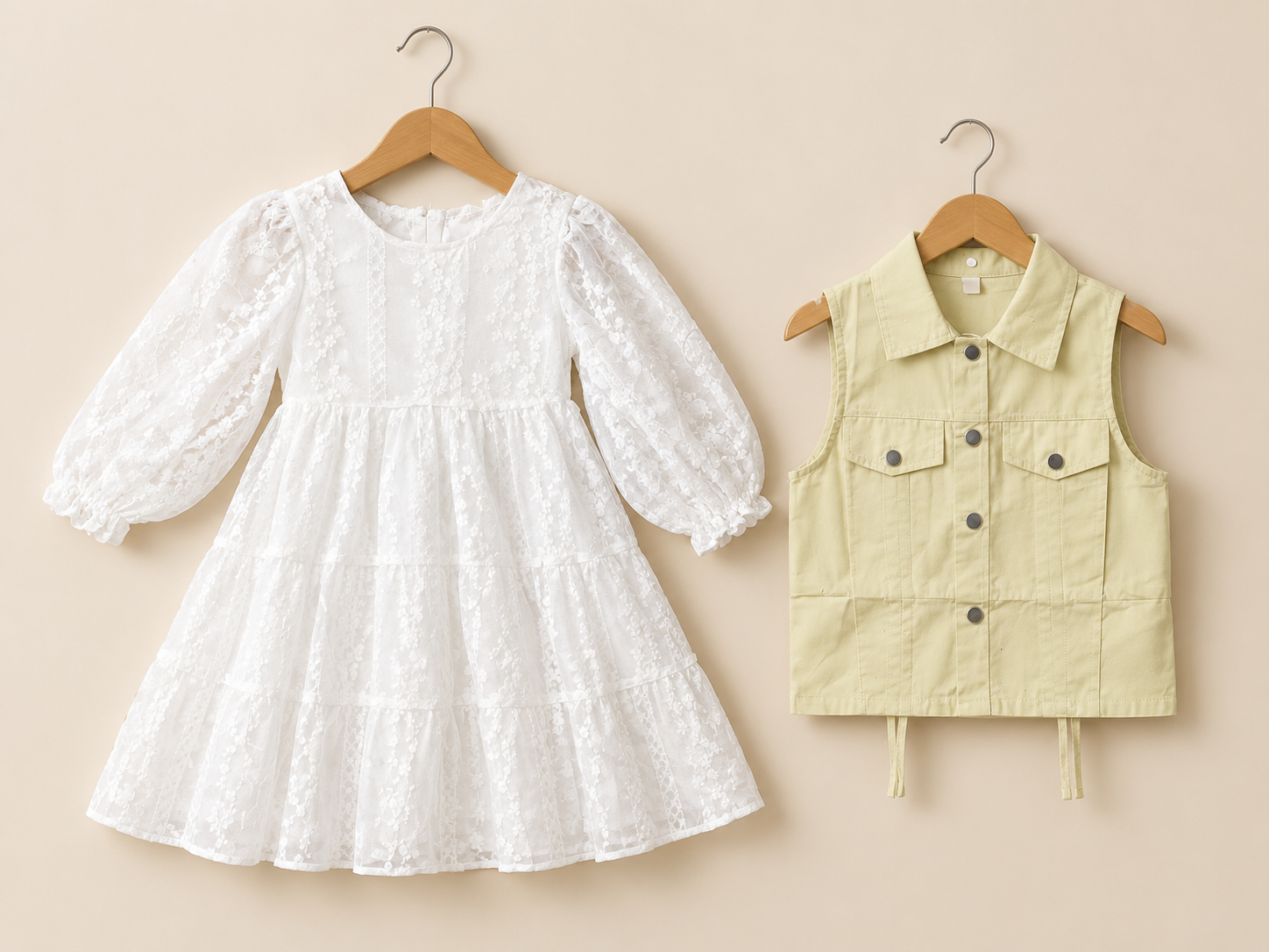 Stylish Kids White Lace Dress And Matching Sleeveless Denim Vest Outfit Set