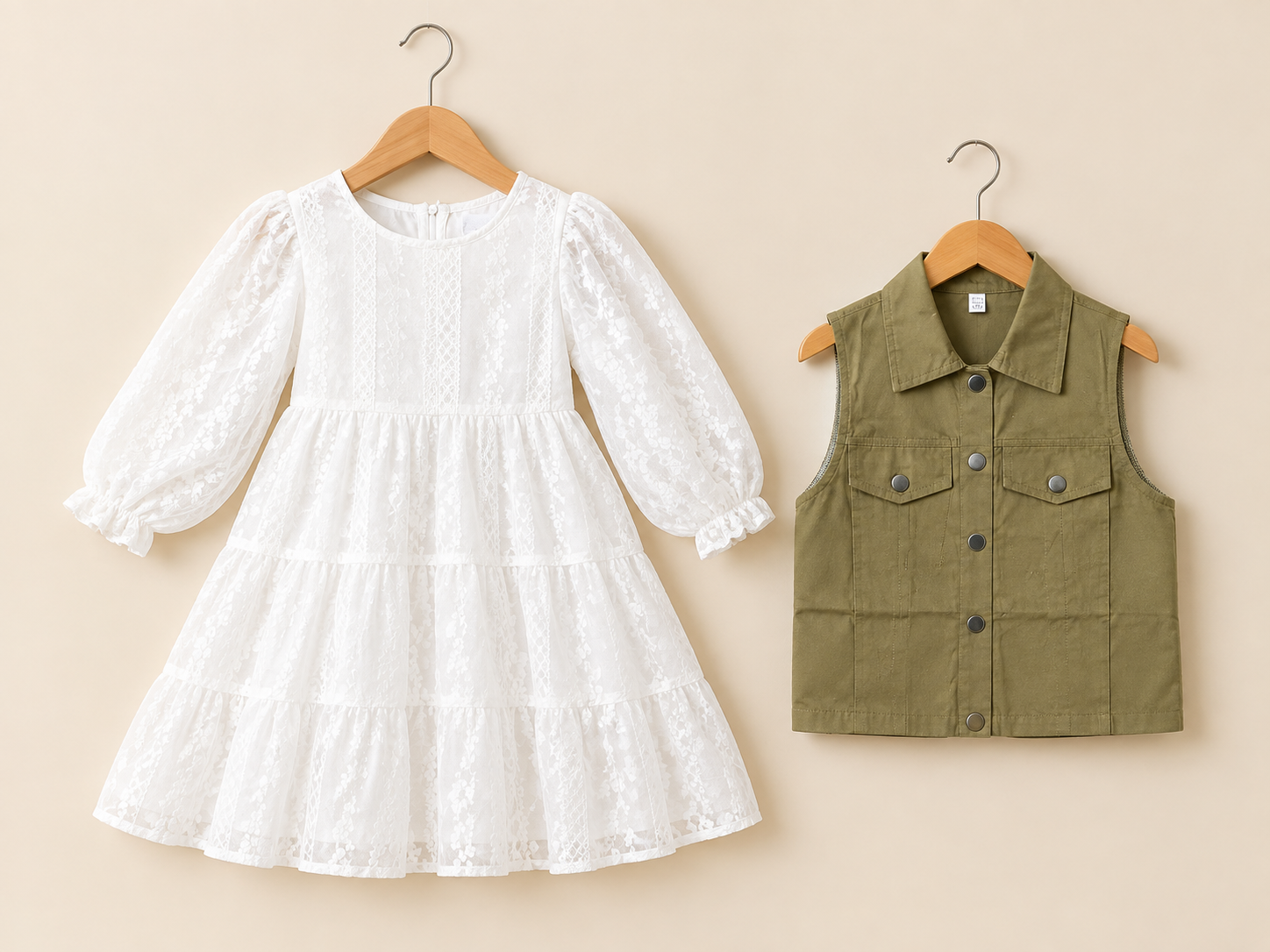 Stylish Kids White Lace Dress And Matching Sleeveless Denim Vest Outfit Set