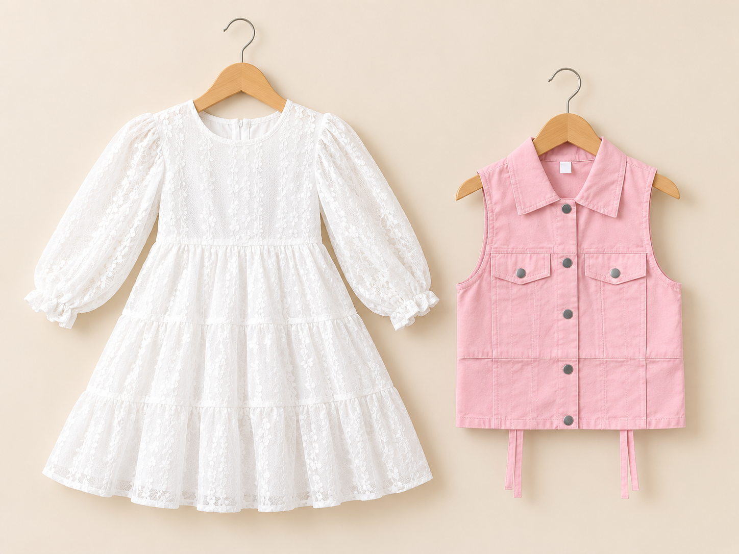 Stylish Kids White Lace Dress And Matching Sleeveless Denim Vest Outfit Set