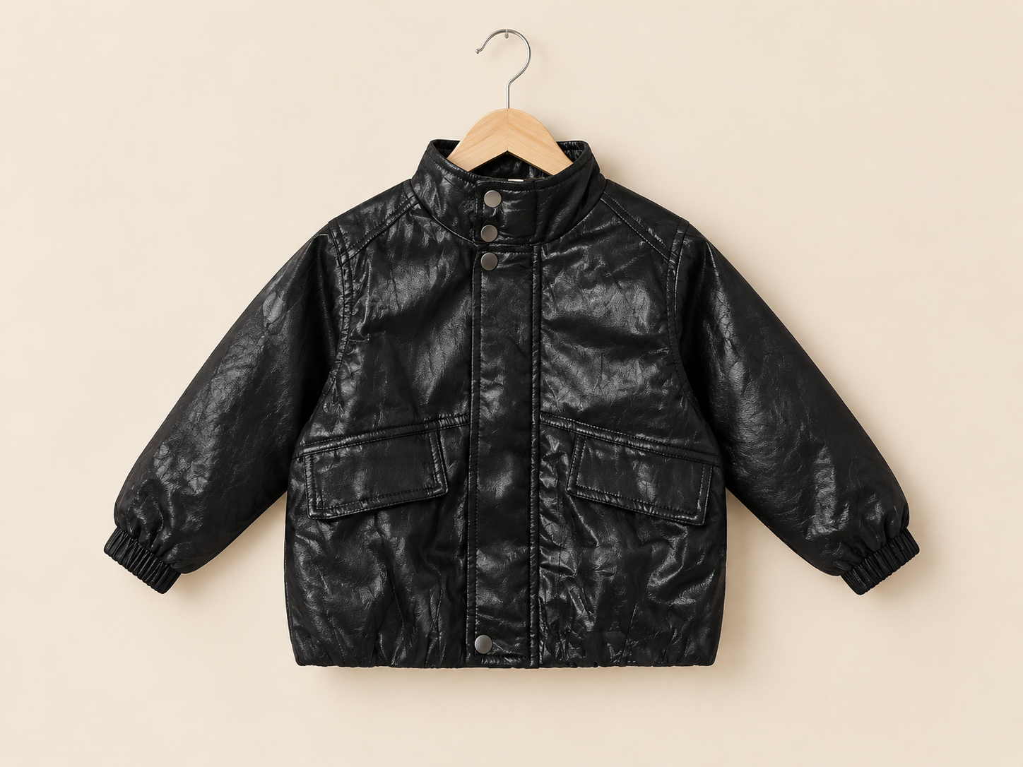 Stylish Kids Faux Leather Puffer Jacket With Stand Collar And Front Pockets