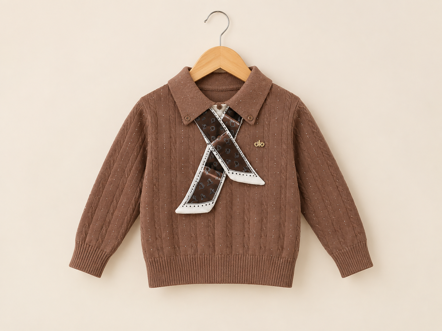 Stylish Kids Knitted Sweater With Collar And Ribbon Bow For Winter Season