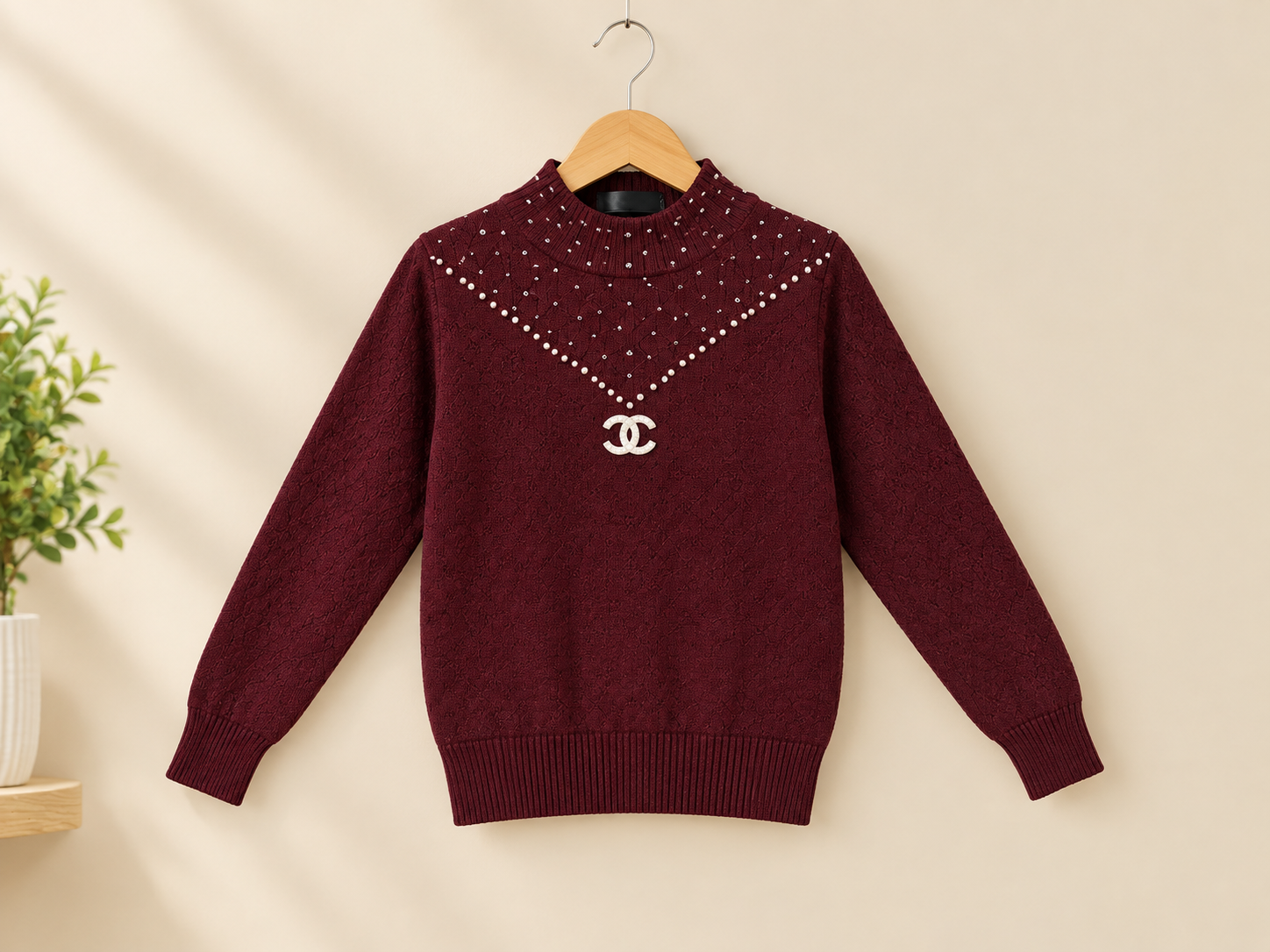 Stylish Kids Knitted Sweater With Mock Neck And Pearl Necklace Pattern For Winter