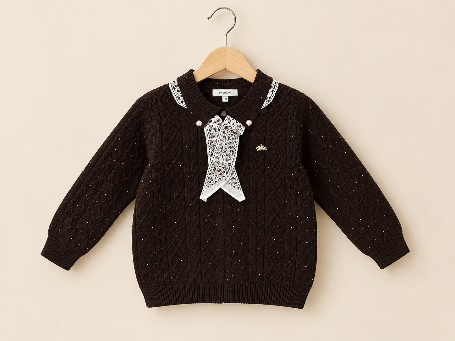 Stylish Kids Knitted Sweater With Collar And Ribbon Bow For Winter Season