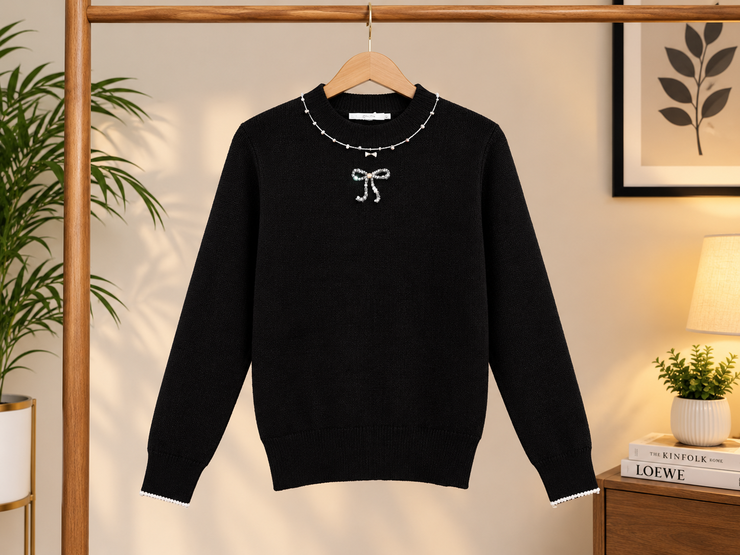 Stylish Kids Knitted Sweater With Beaded Neckline And Rhinestone Bow For Winter