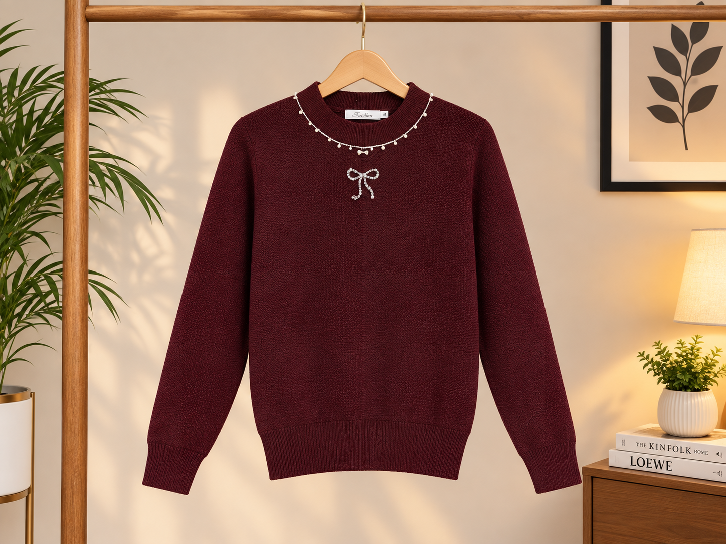 Stylish Kids Knitted Sweater With Beaded Neckline And Rhinestone Bow For Winter