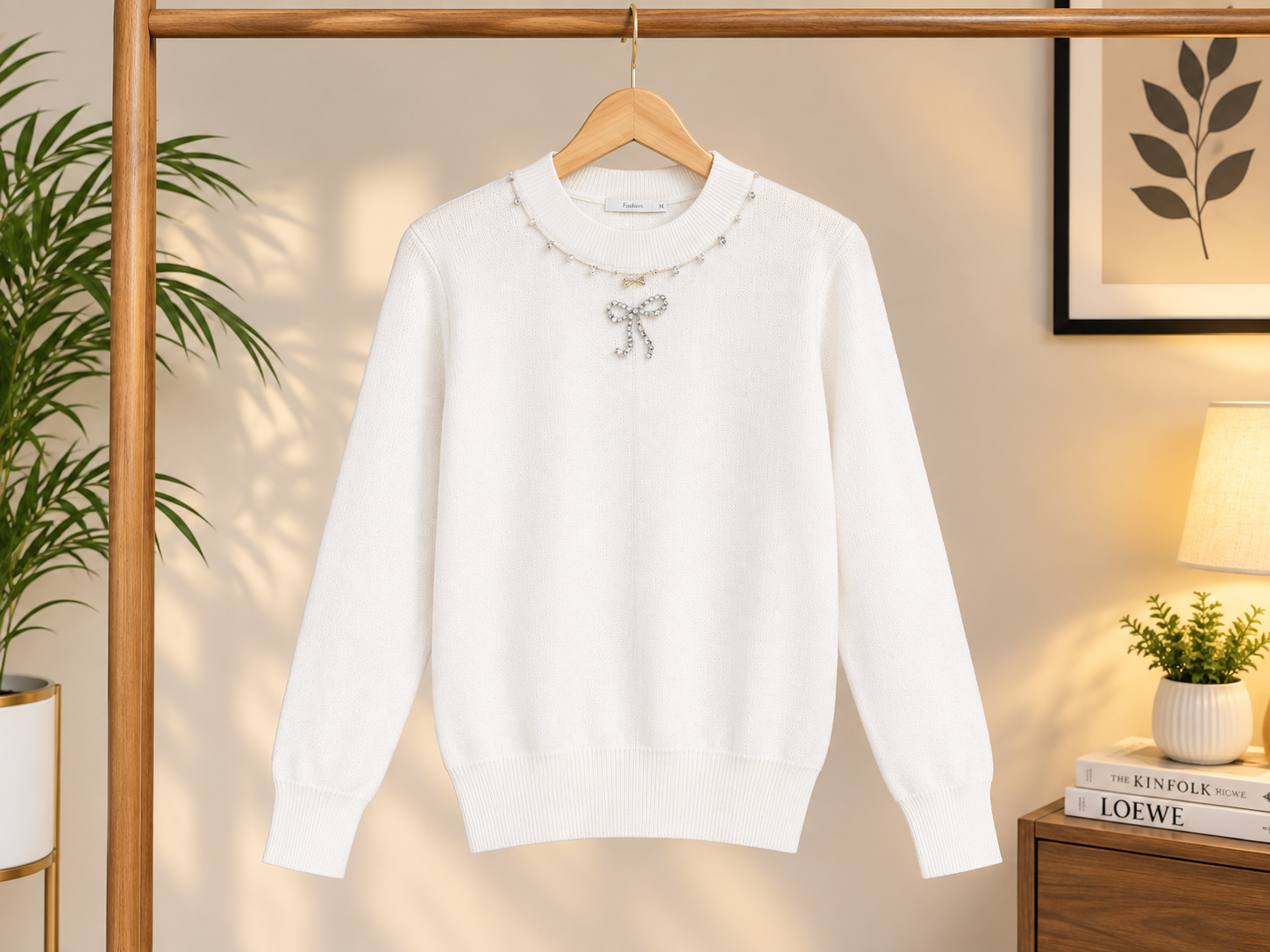 Stylish Kids Knitted Sweater With Beaded Neckline And Rhinestone Bow For Winter