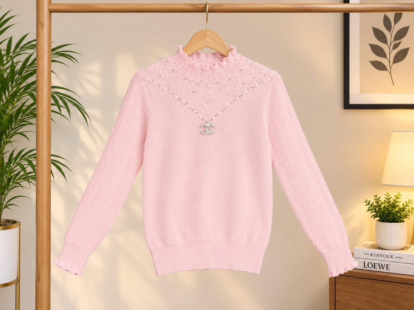 Stylish Kids Knitted Sweater With Mock Neck And Pearl Necklace Pattern For Winter
