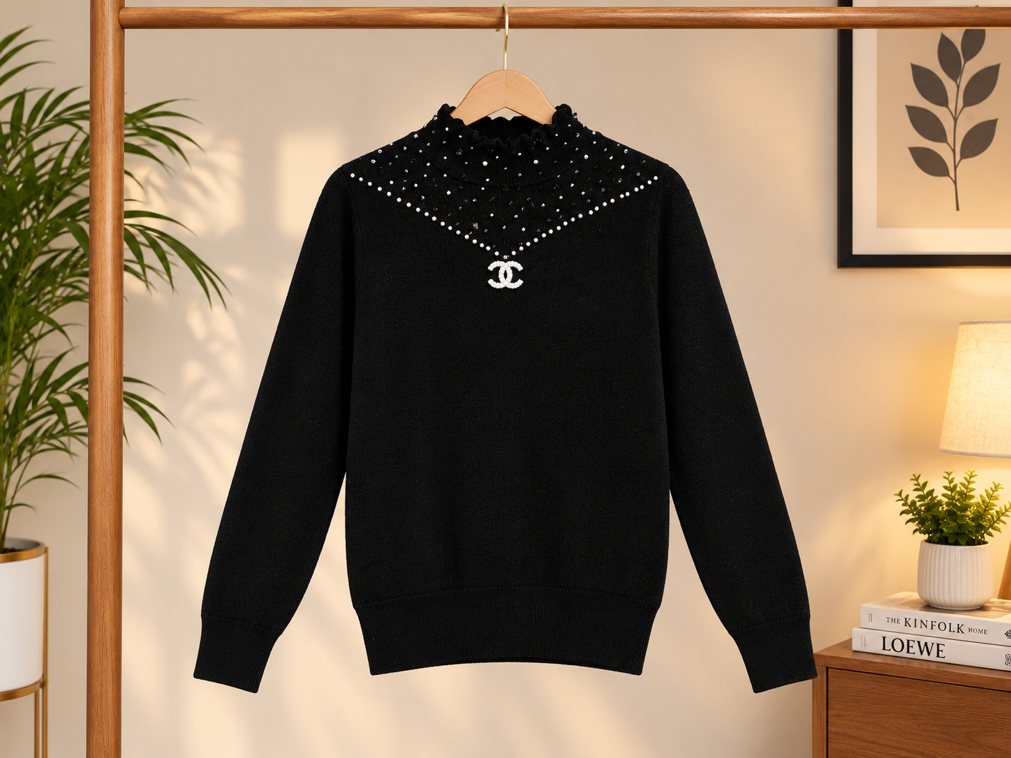 Stylish Kids Knitted Sweater With Mock Neck And Pearl Necklace Pattern For Winter