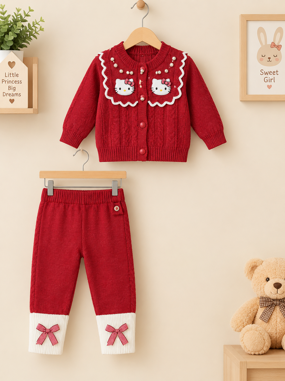Girls Pearl Embroidered Cartoon Cat Cardigan And Bow Legging Outfit Set