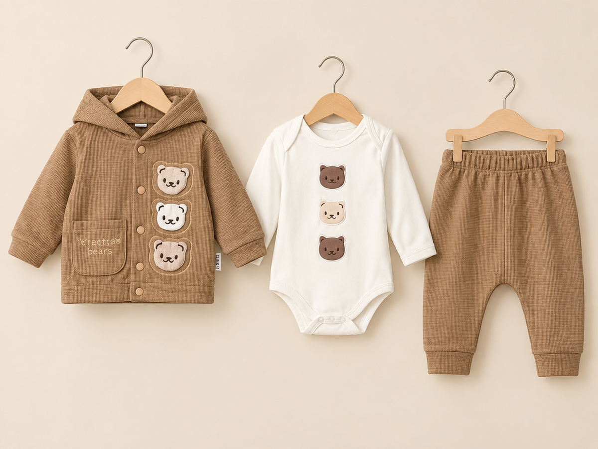 Stylish Kids 3-Piece Bear Print Hooded Jacket Bodysuit And Trouser Outfit Set