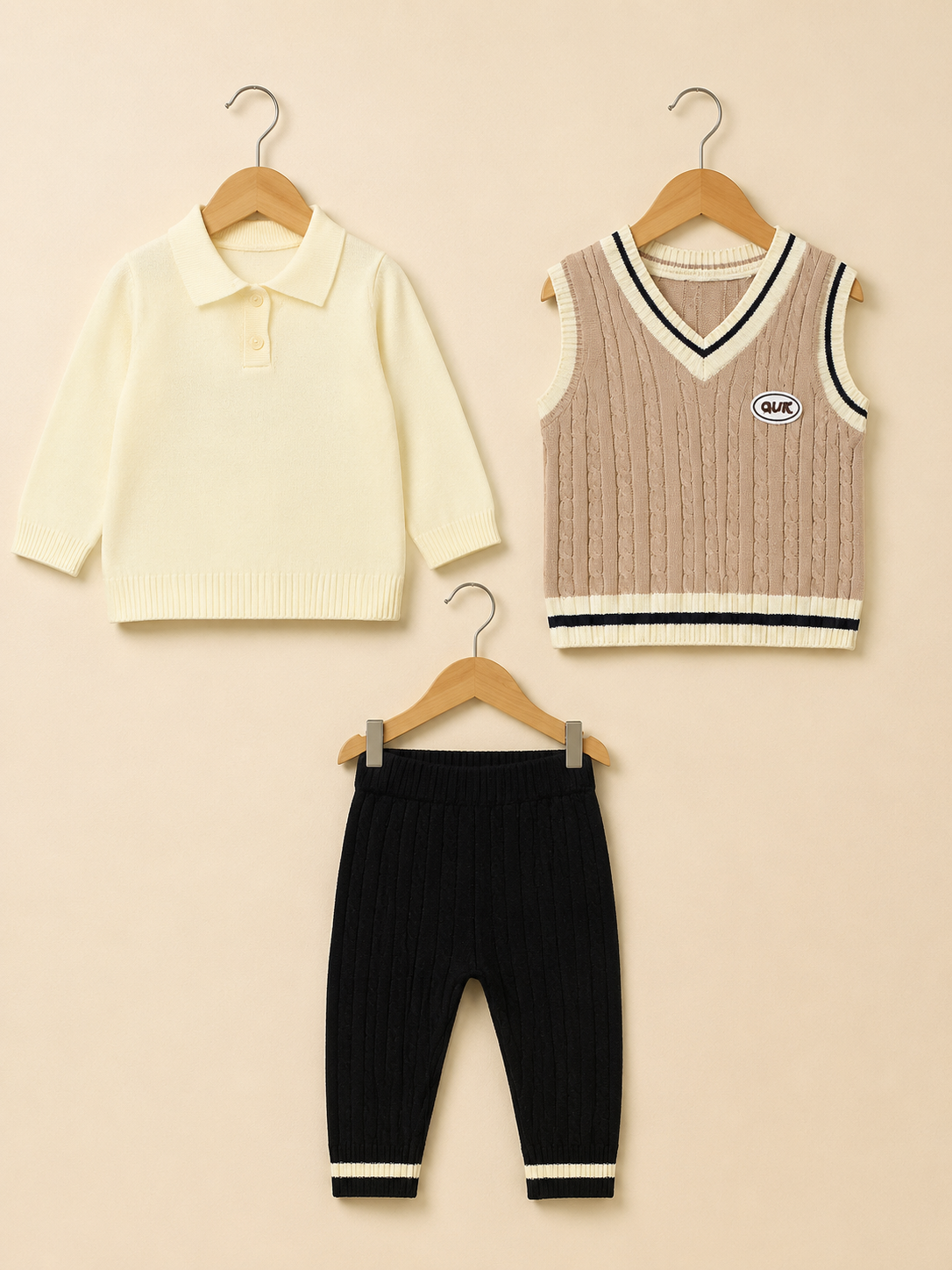 Trendy Kids Knitwear Three Piece Outfit Set With Polo Shirt Sweater Vest And Trousers