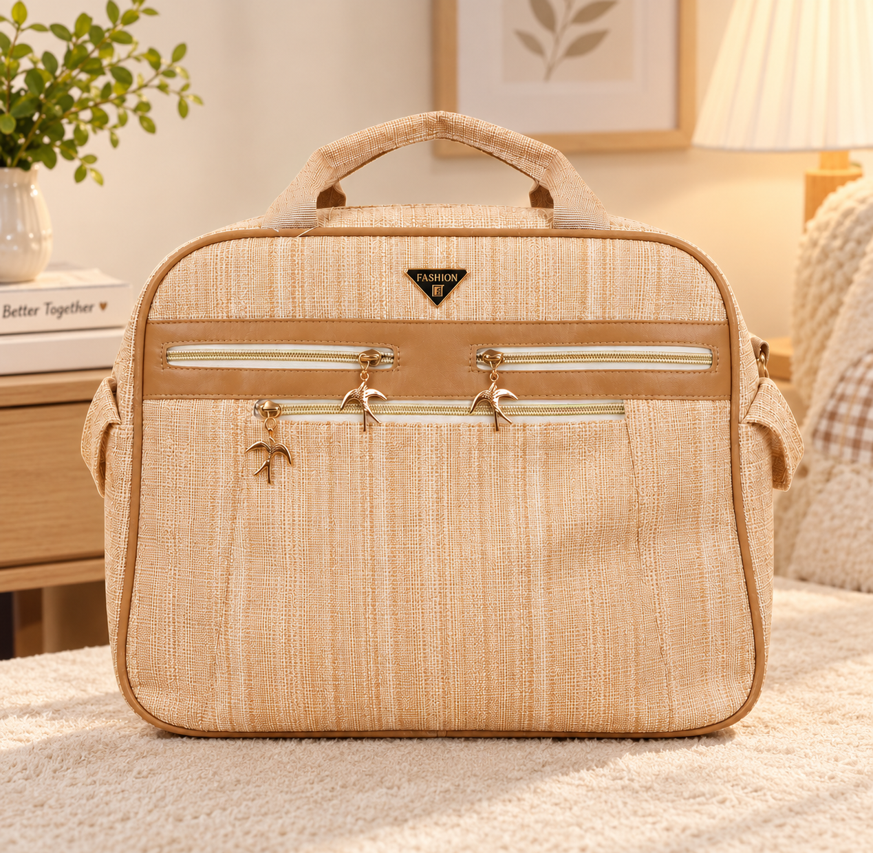 Stylish and Spacious Casual Travel Handbag with Multiple Zipper Pockets and Top Handles