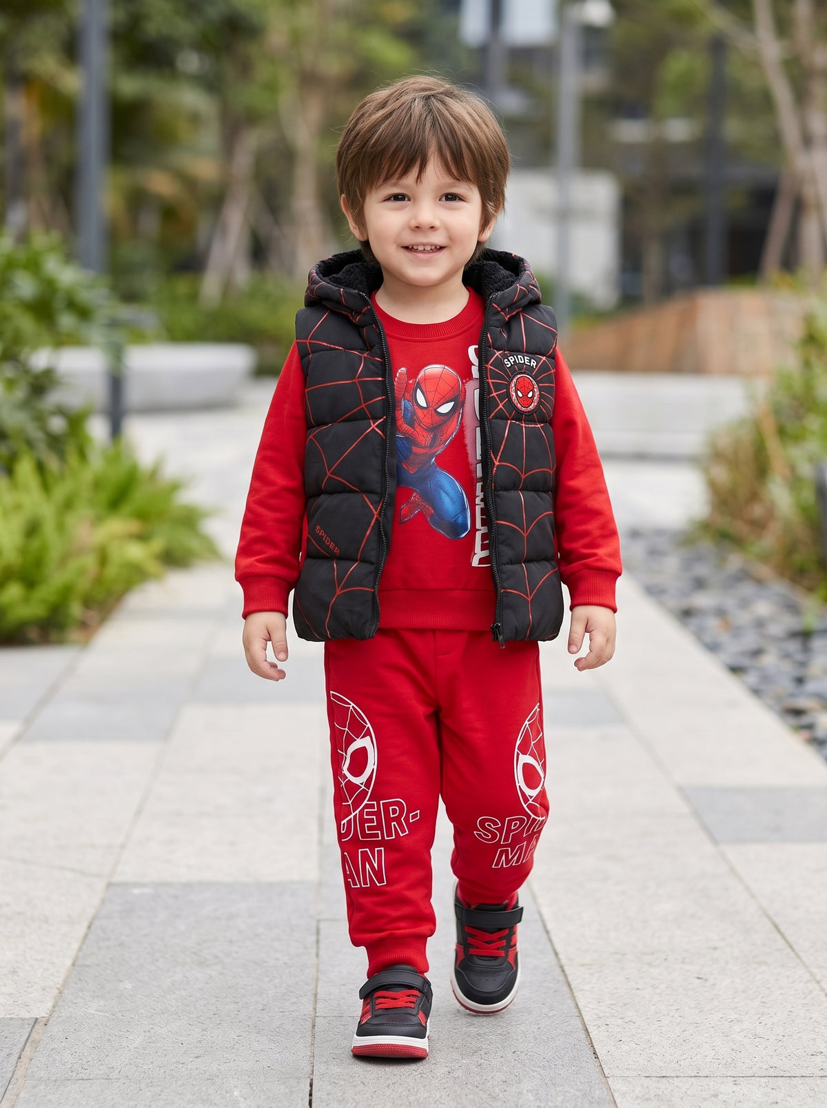 Spider-Man 3-Piece Outfit Set For Boys With Hooded Puffer Vest, Sweatshirt, And Joggers