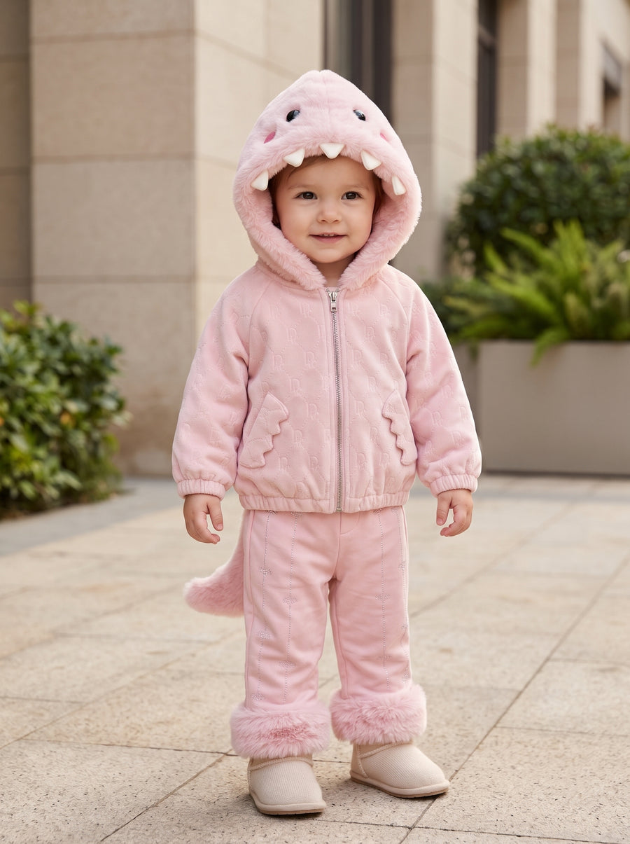 Kids Winter Dinosaur Hoodie Jacket And Matching Trousers 2 Piece Outfit Set