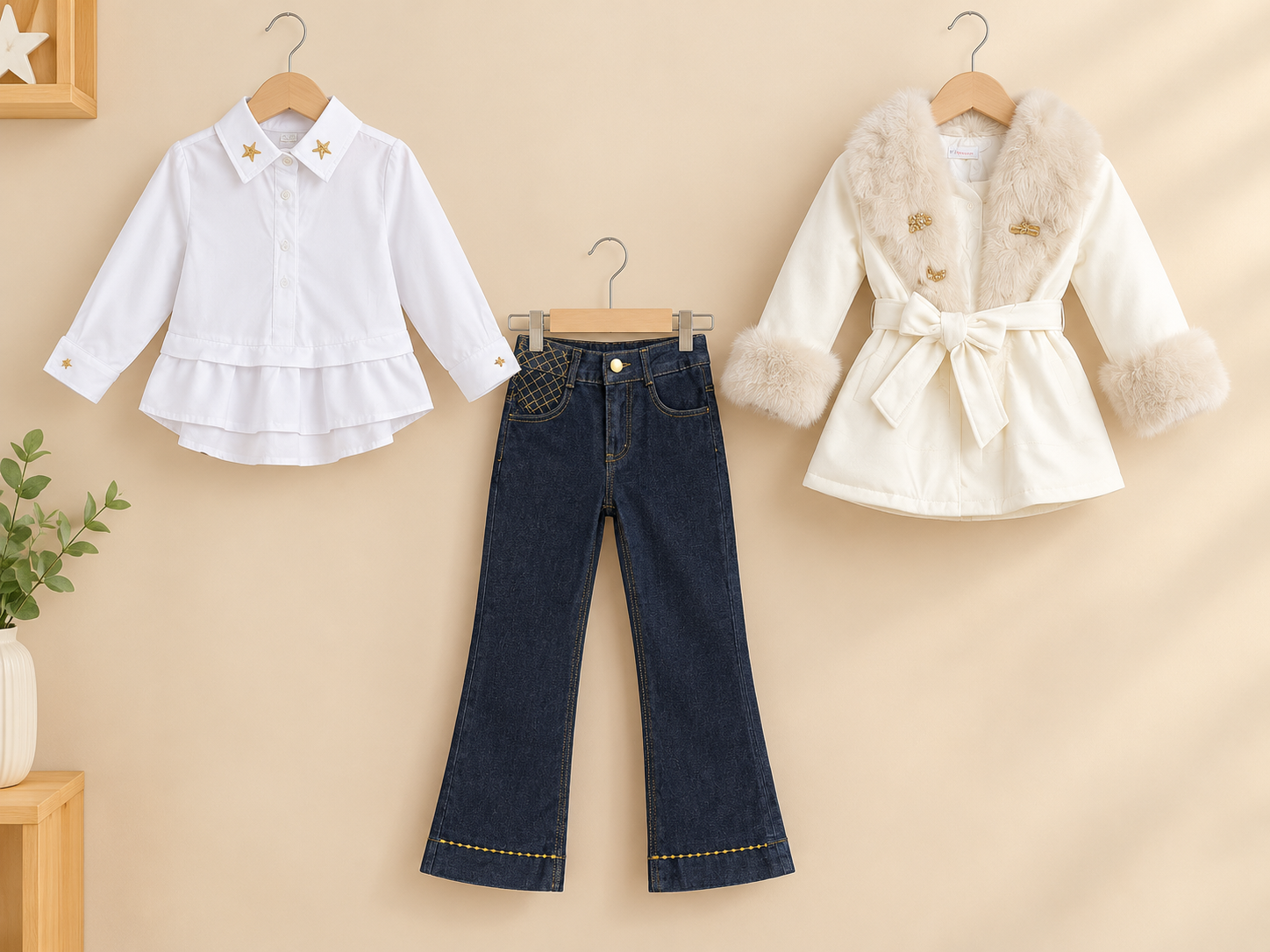 Girls Winter 3-Piece Fur Trimmed Coat Shirt Set With Flared Denim Jeans