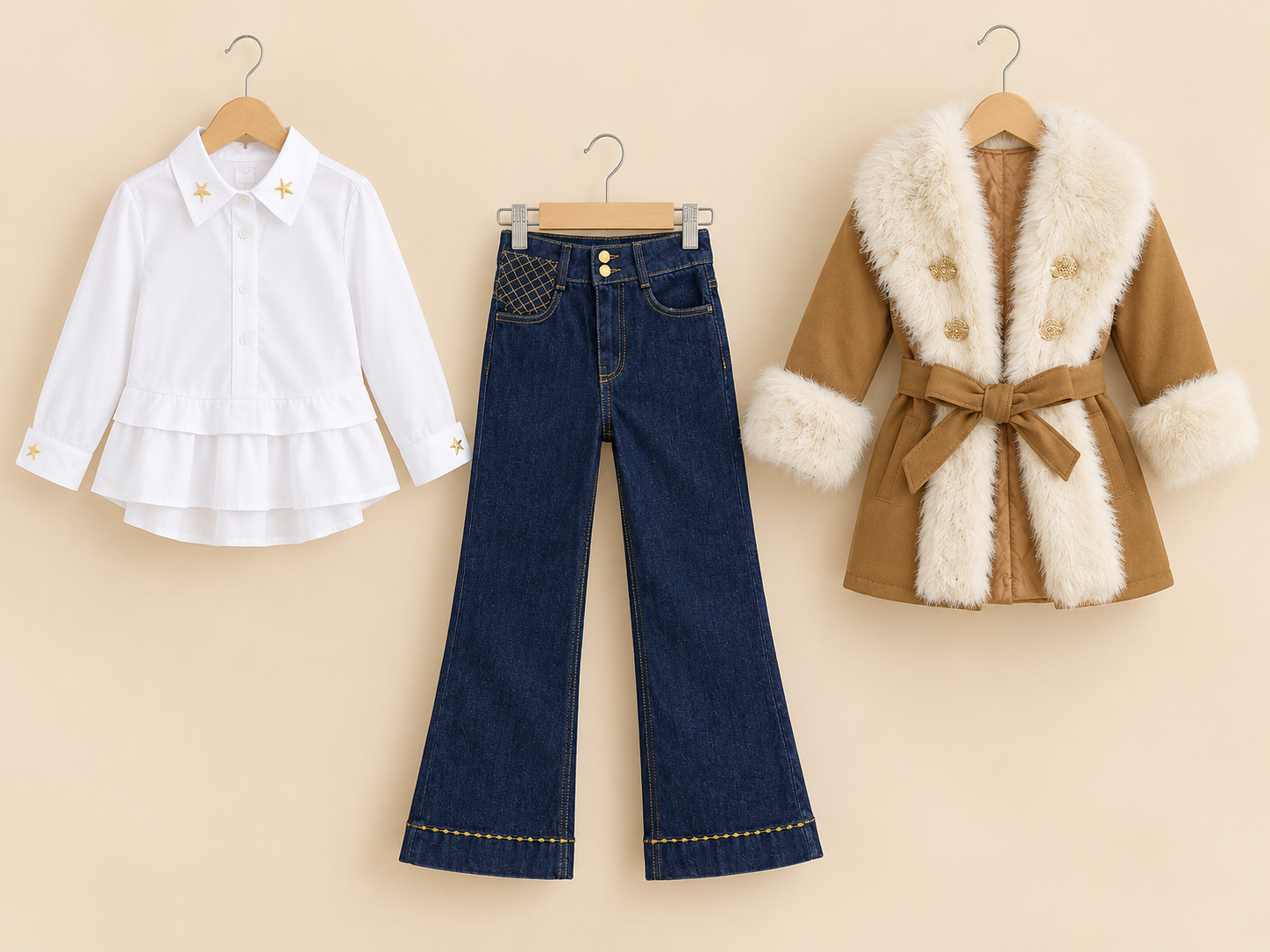 Girls Winter 3-Piece Fur Trimmed Coat Shirt Set With Flared Denim Jeans
