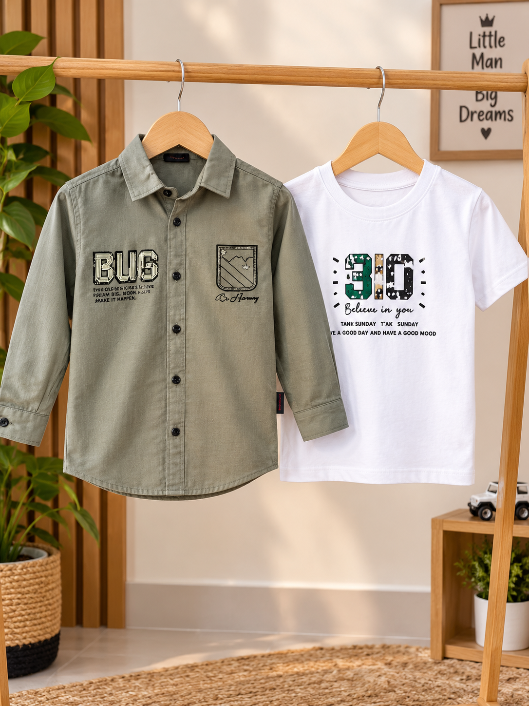 Stylish Grey Or Olive Casual Shirt With Patches And Matching White Printed T Shirt Set