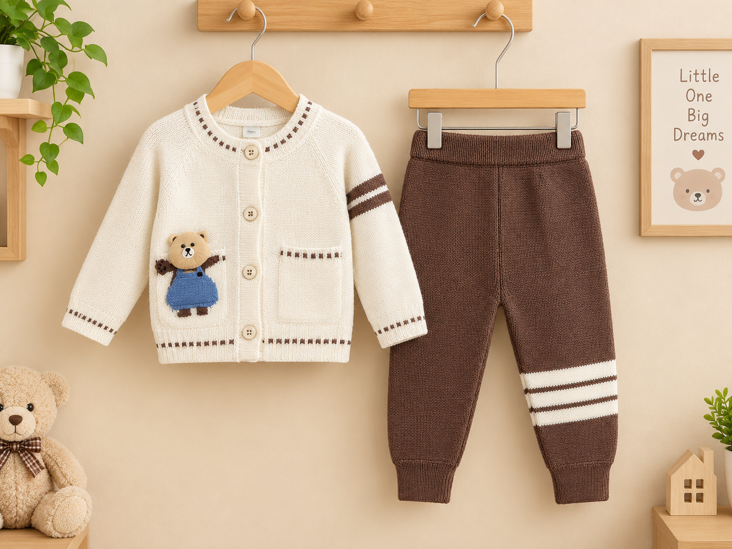 Baby Winter 2-Piece Knitted Teddy Bear Cardigan Sweater And Matching Trousers Suit Set