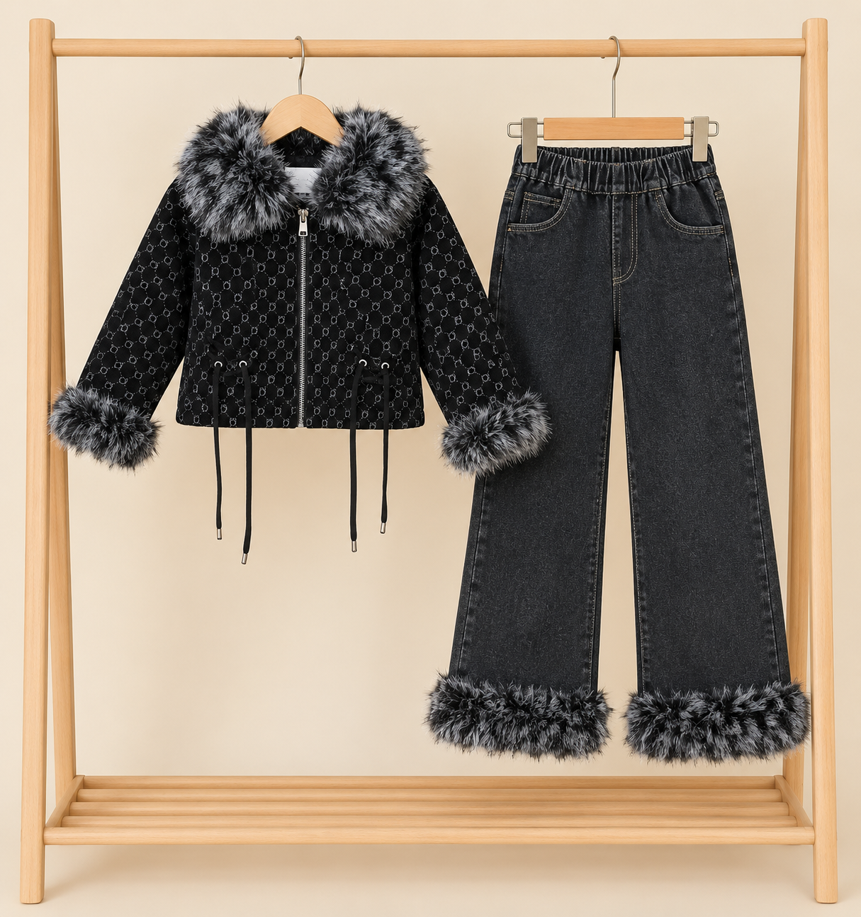 Girls Winter Faux Fur Trim Monogram Jacket And Matching Denim Trousers Set