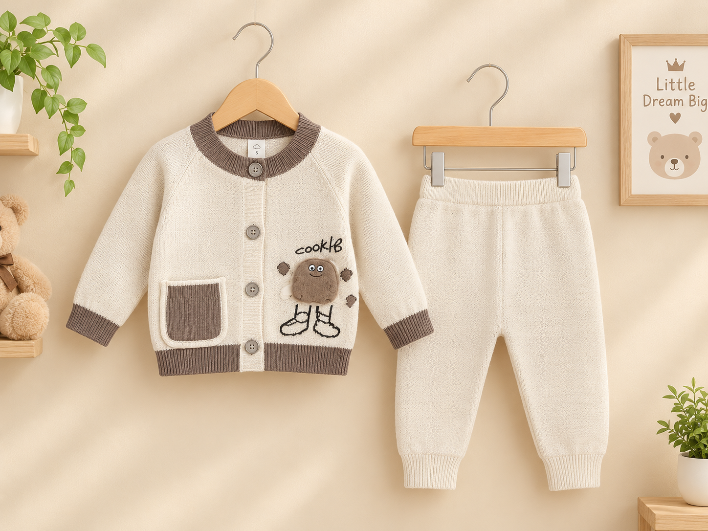 Baby Winter 2-Piece Knitted Cookie Graphic Cardigan Sweater And Matching Trousers Set