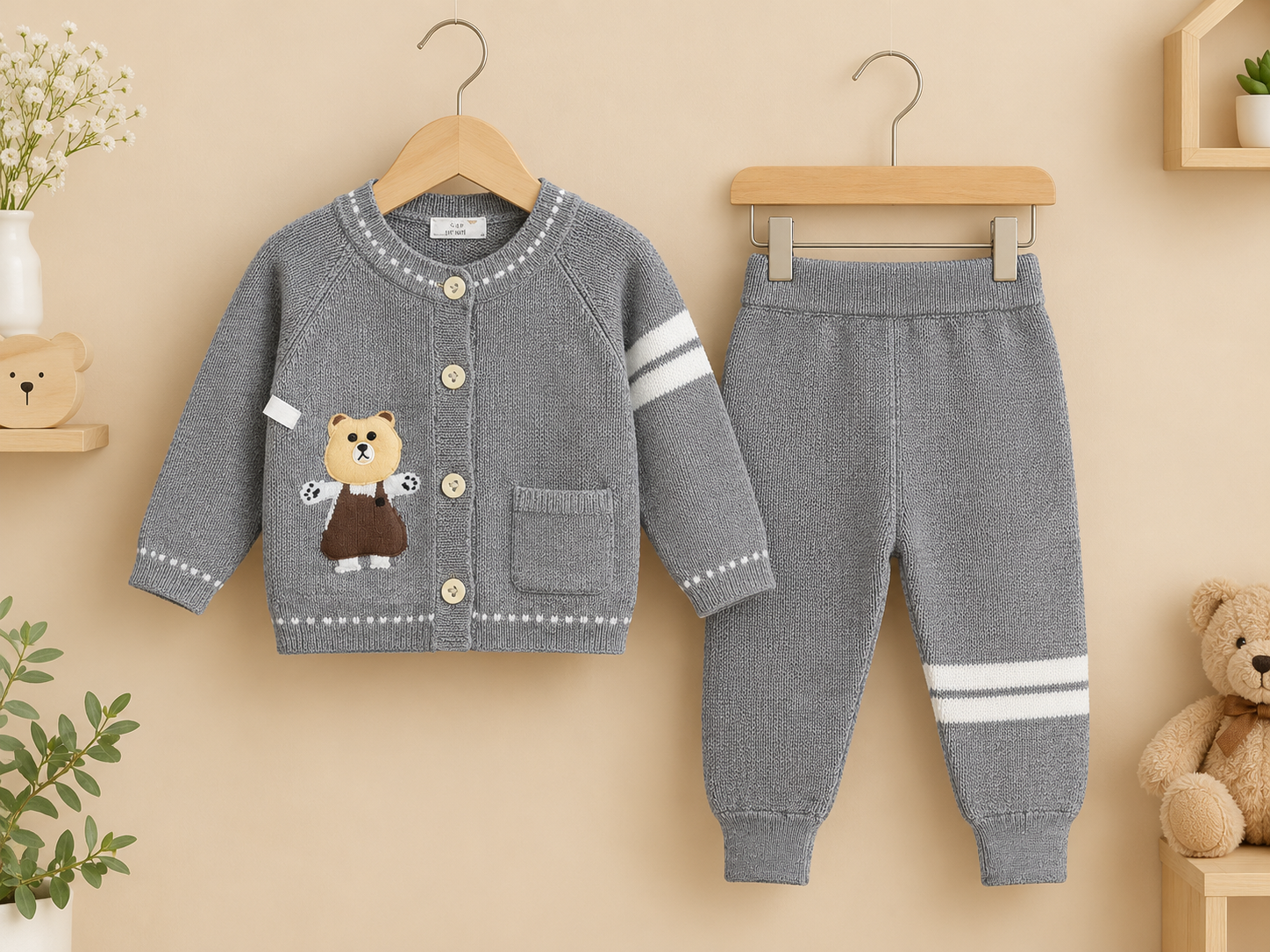 Baby Winter 2-Piece Knitted Teddy Bear Cardigan Sweater And Matching Trousers Suit Set