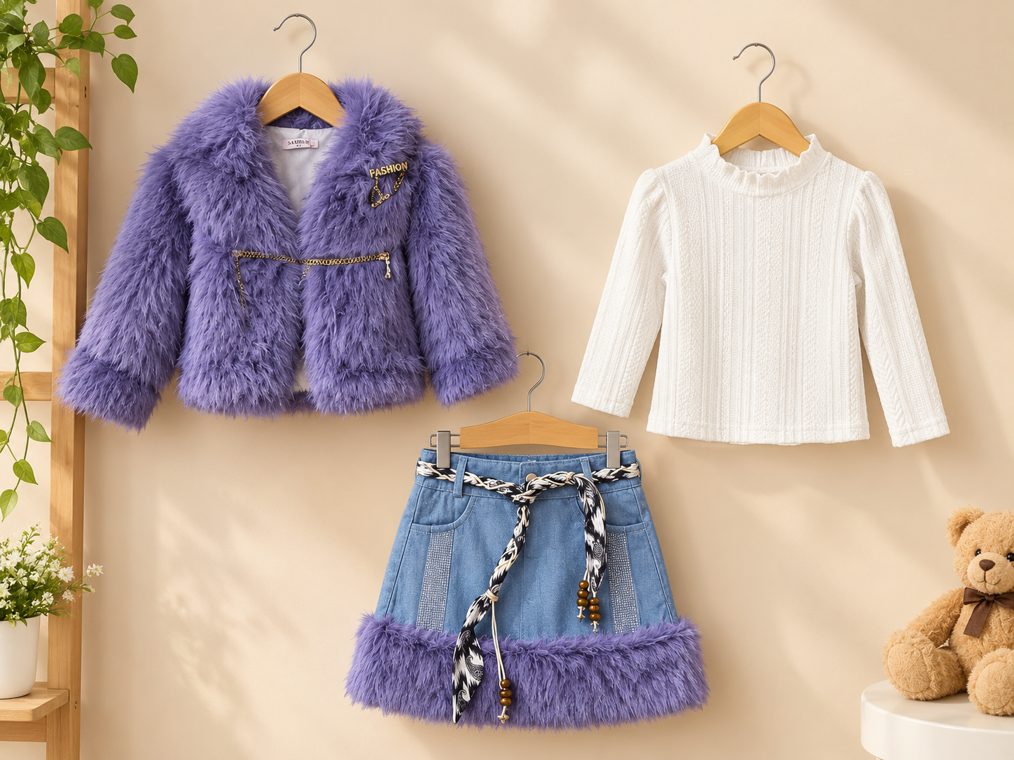 Girls Winter 3-Piece Fur Jacket Set Denim Skirt With Inner High Neck Top