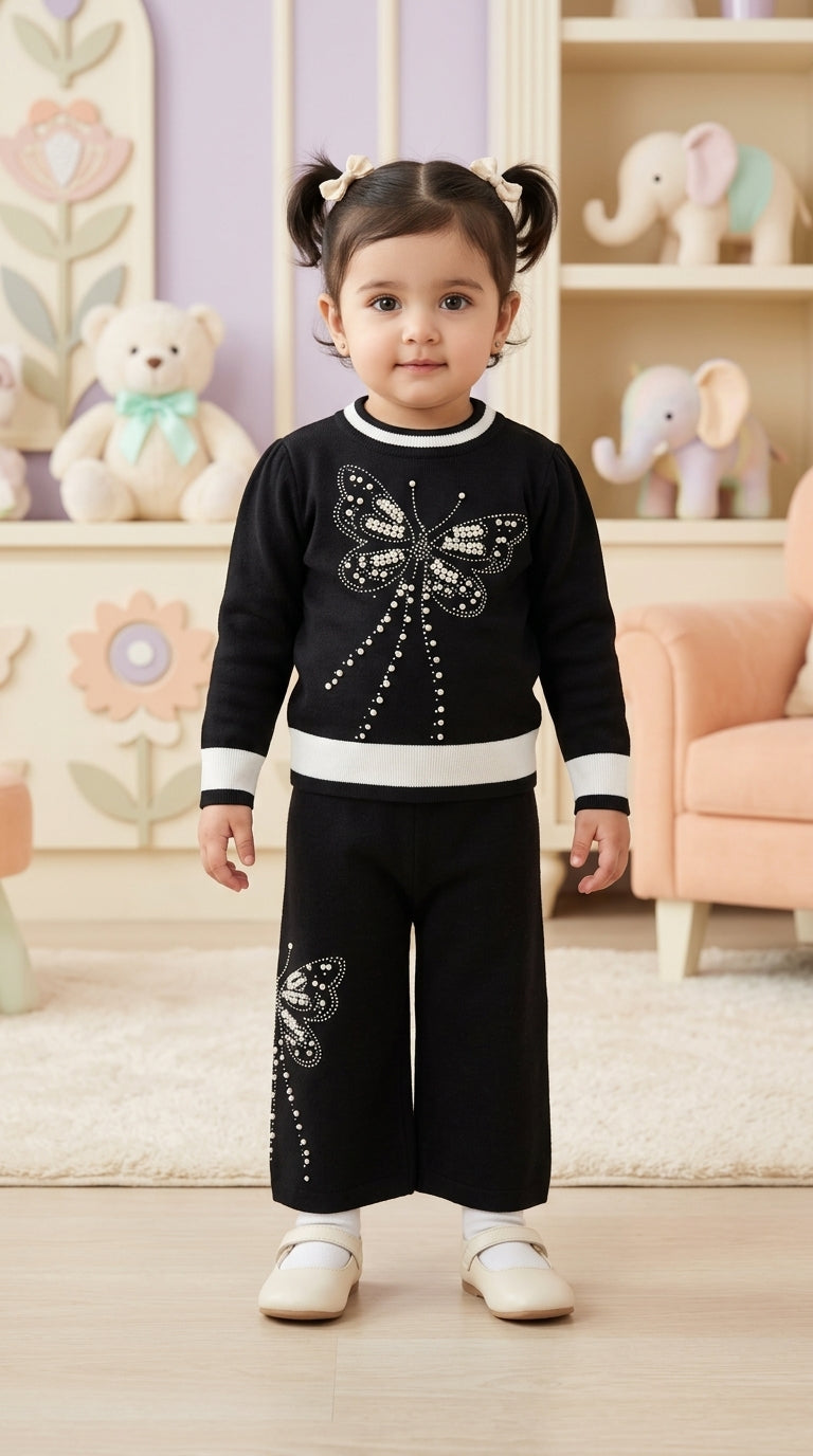 Toddler Girls Pearl Butterfly Knit Sweater and Trouser Two Piece Winter Warm Clothing Set