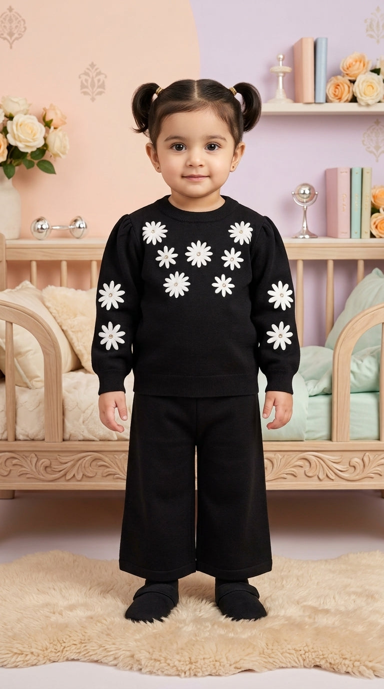 Toddler Girls Floral Daisy Knit Sweater and Trouser Two Piece Winter Warm Clothing Set