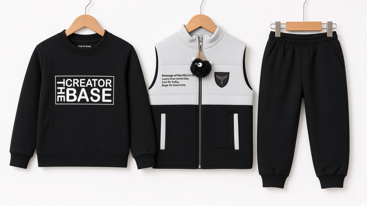Kids Winter 3-Piece Sleeveless Vest Jacket Sweatshirt And Joggers Tracksuit Set