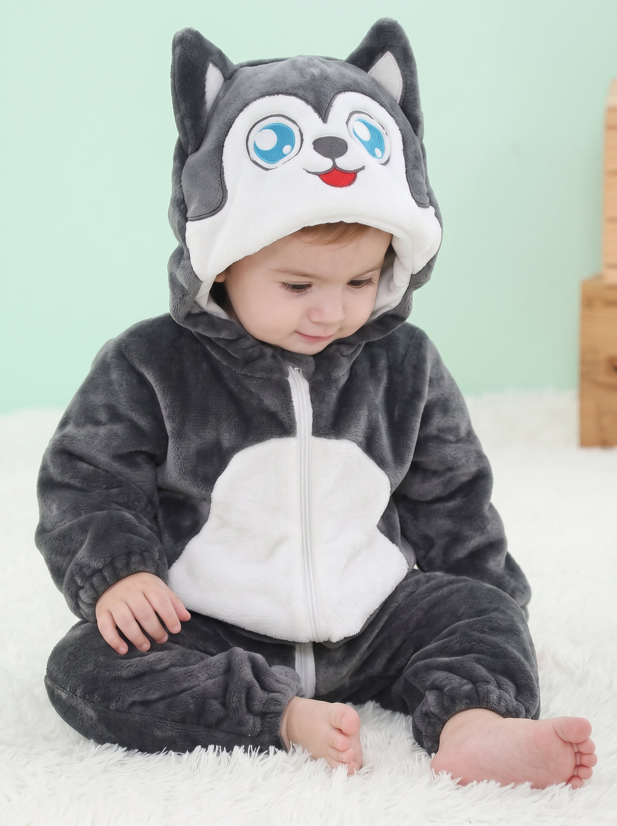Cozy Plush Grey Husky Baby Romper Hooded Puppy Animal Costume Cute Soft Infant
