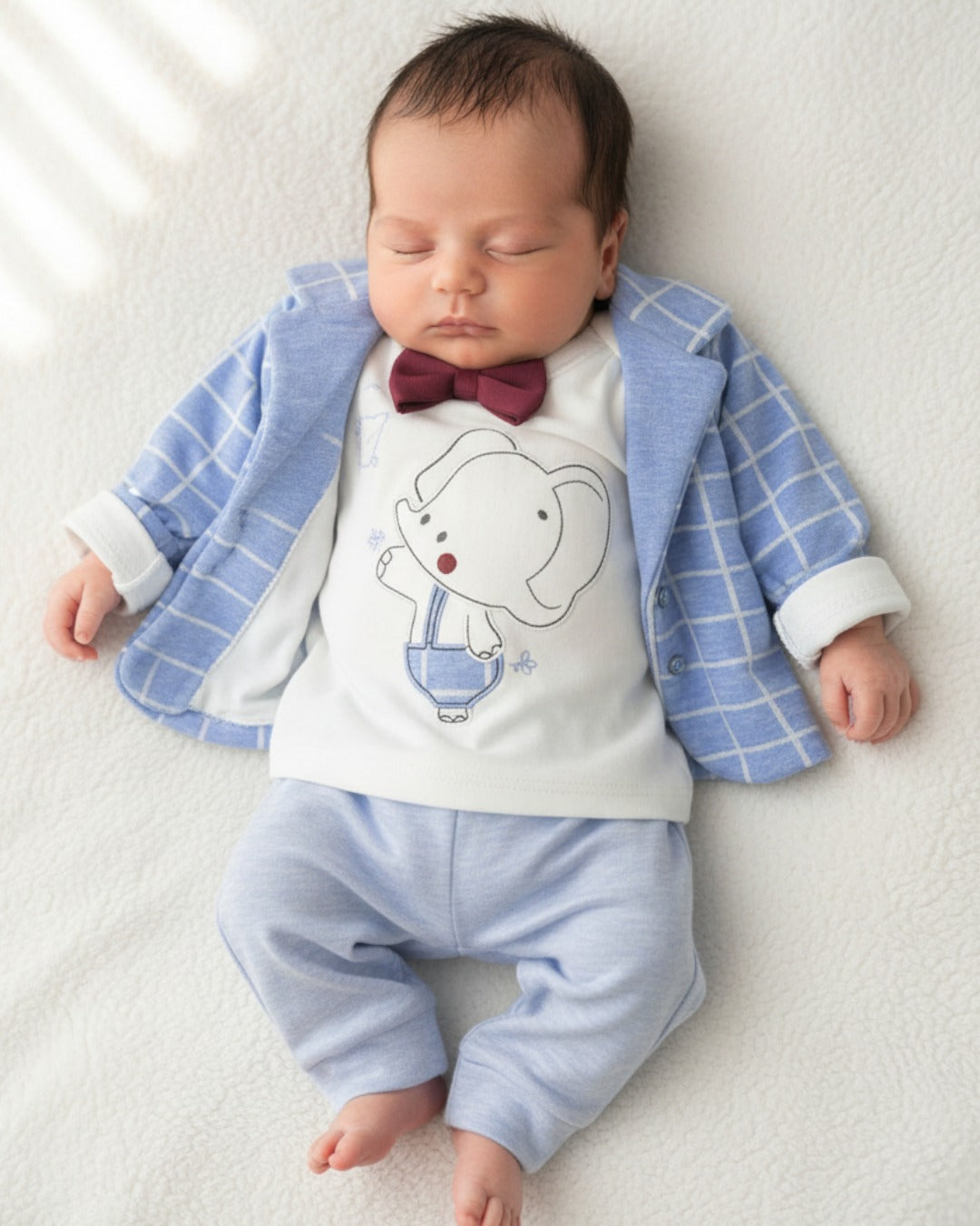 Turkey Imported Baby Girl 3-Piece Set (0–9 Months) | Coat + T-Shirt + Trouser | Elephant Print & Red Bow Tie