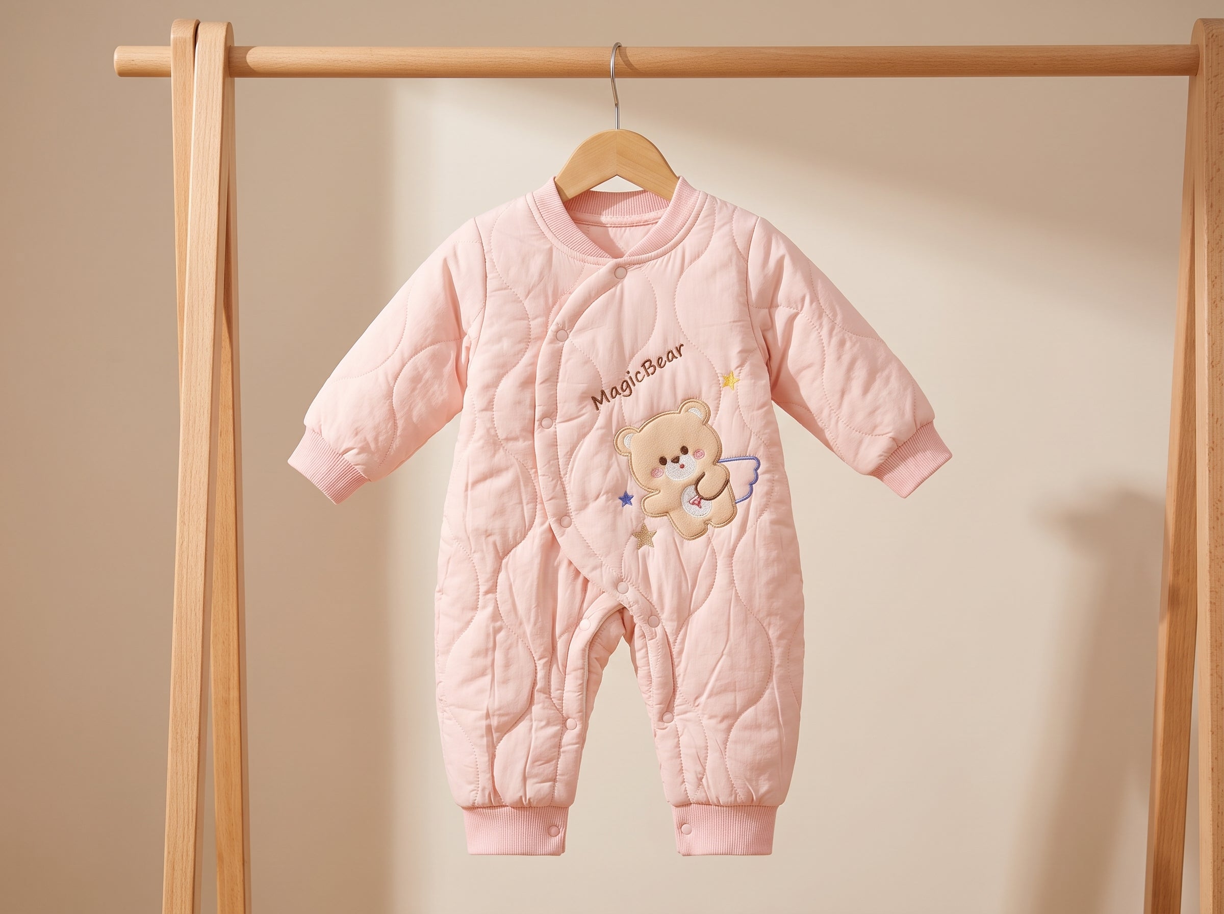 Baby Winter Quilted Romper Suit With Cute Bear Applique And Side Snap Closure
