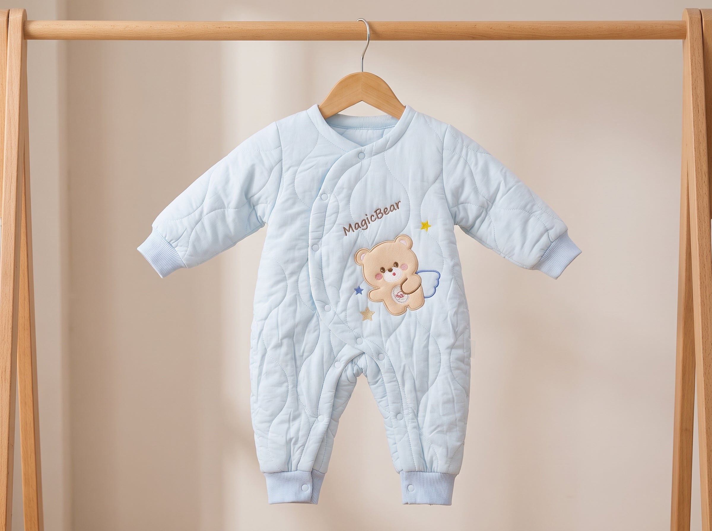 Baby Winter Quilted Romper Suit With Cute Bear Applique And Side Snap Closure