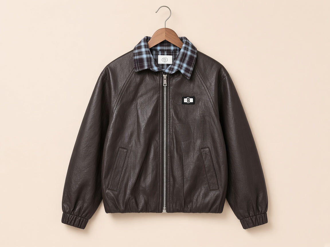 Stylish Faux Leather Jacket With Plaid Collar For Kids Cool Winter Outerwear Outfit