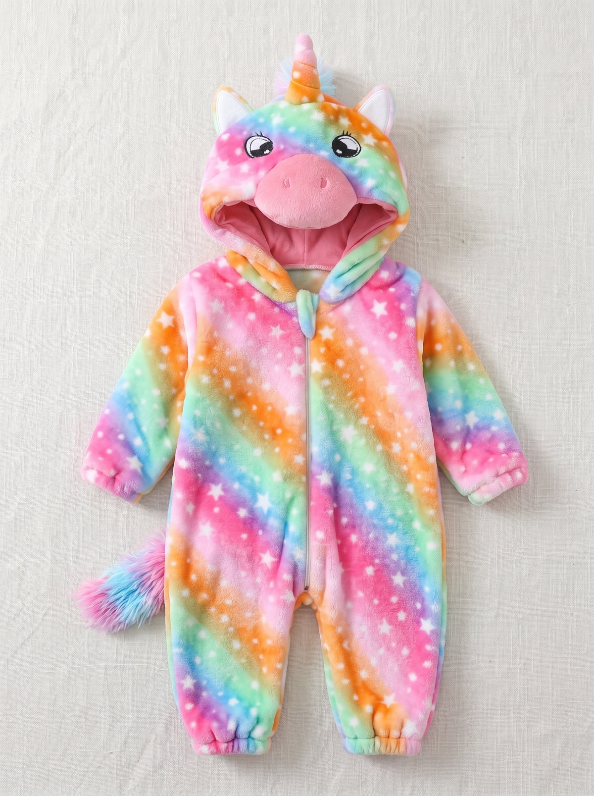 Cozy Plush Starry Rainbow Unicorn Baby Romper Hooded Galaxy Animal Costume Cute Infant