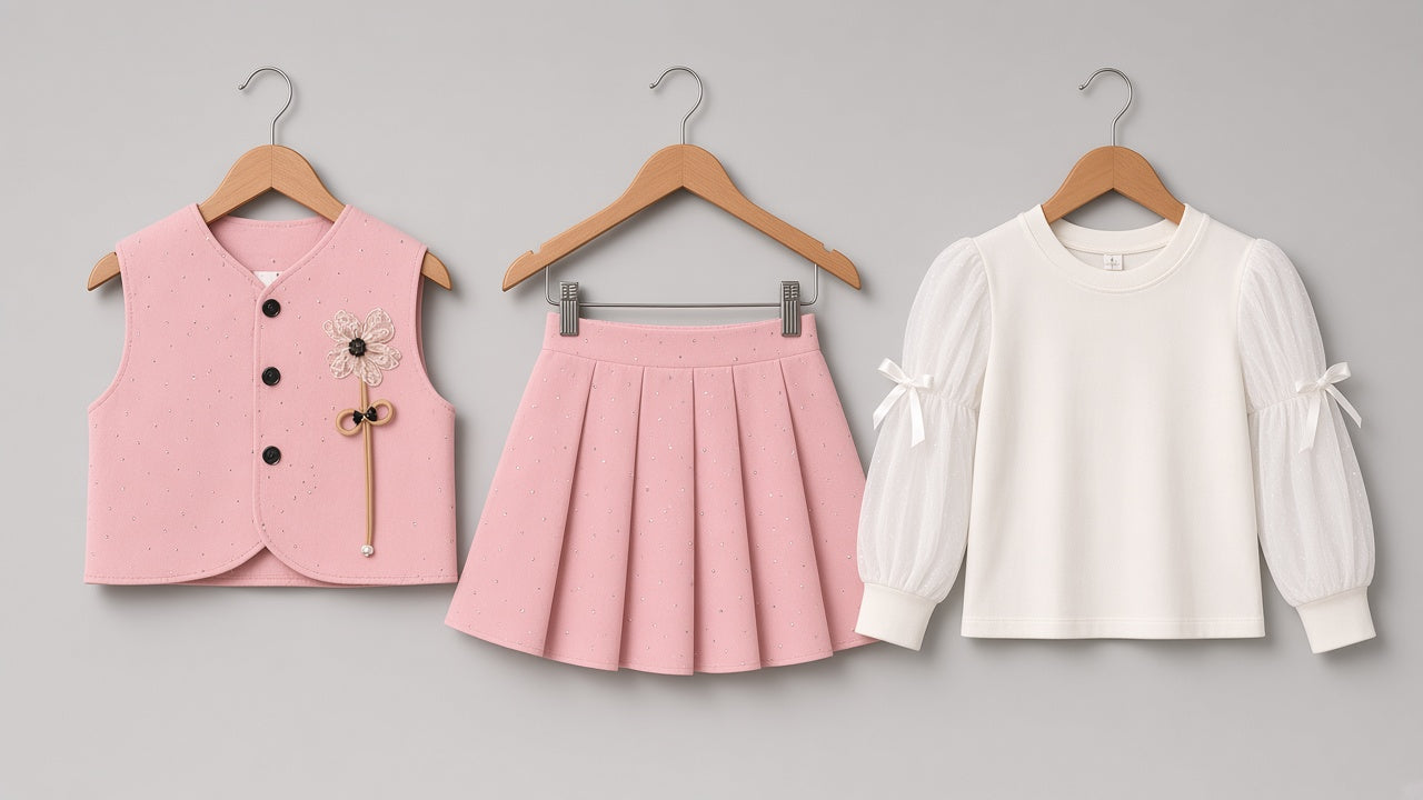 Chic Girls Button Vest With Floral Applique Matching Pleated Skirt And Long Sleeve Tee