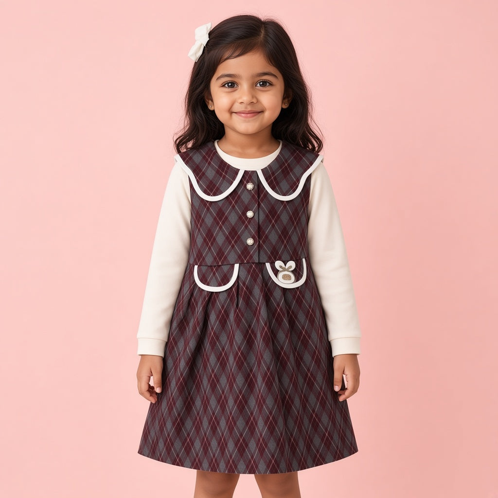 Girls Winter Plaid Sleeveless Frock Dress Set With Cream Inner Long Sleeve Shirt