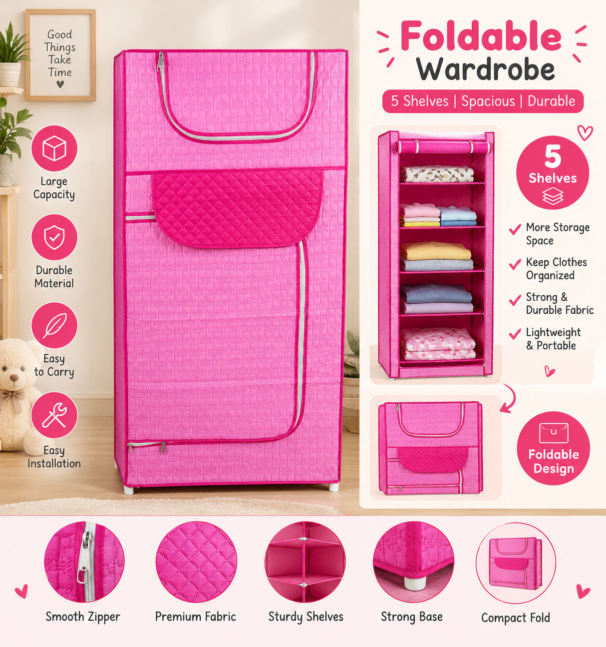 Portable Foldable Fabric Wardrobe With Five Shelves And Smooth Zipper Storage System