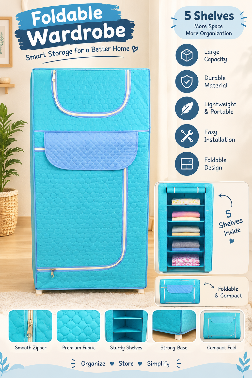 Portable Foldable Fabric Wardrobe With Five Shelves And Smooth Zipper Storage System