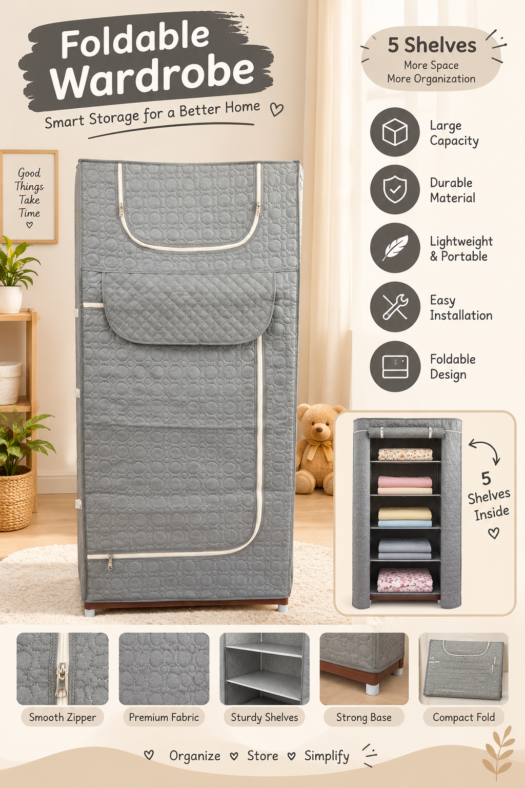 Portable Foldable Fabric Wardrobe With Five Shelves And Smooth Zipper Storage System