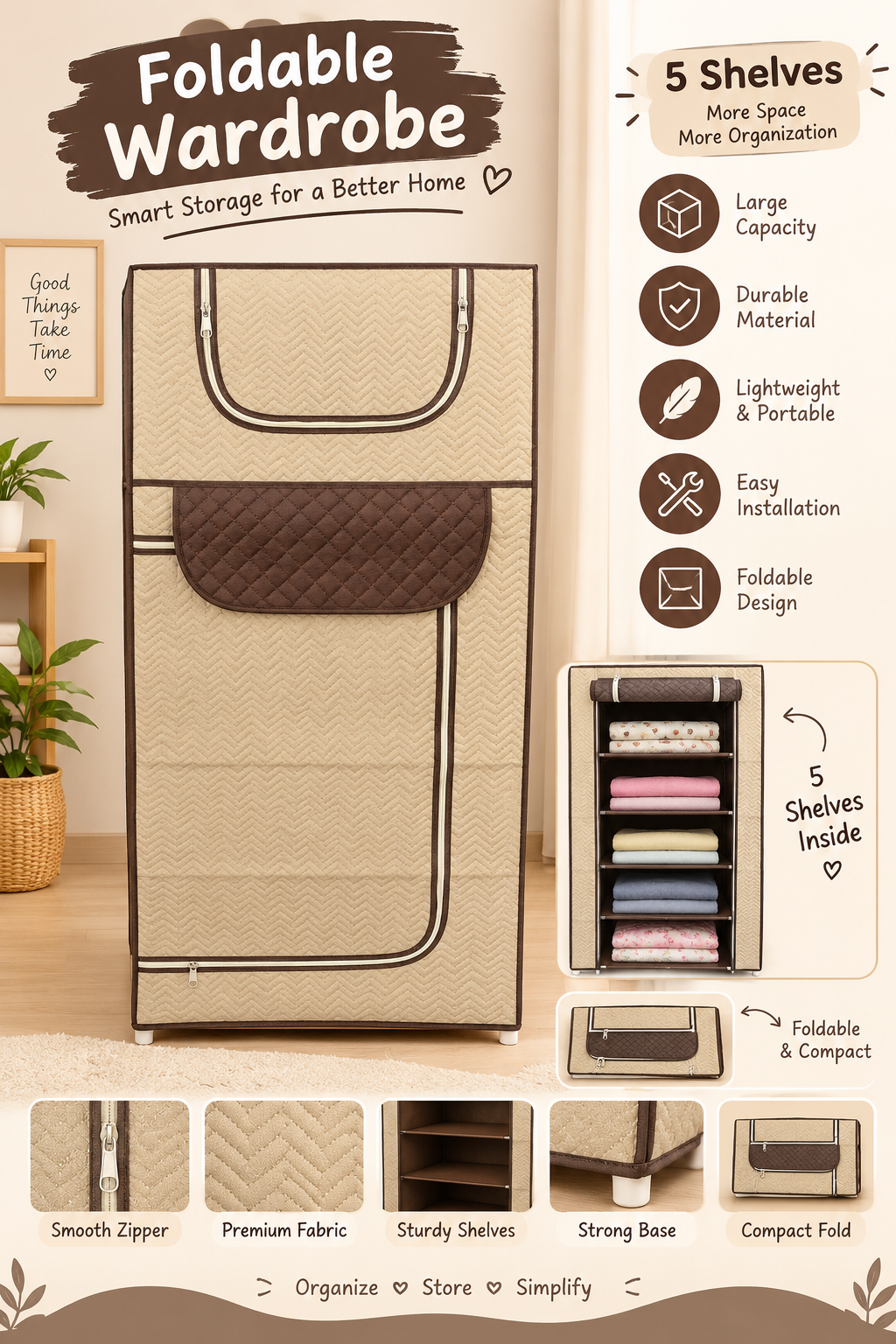 Portable Foldable Fabric Wardrobe With Five Shelves And Smooth Zipper Storage System