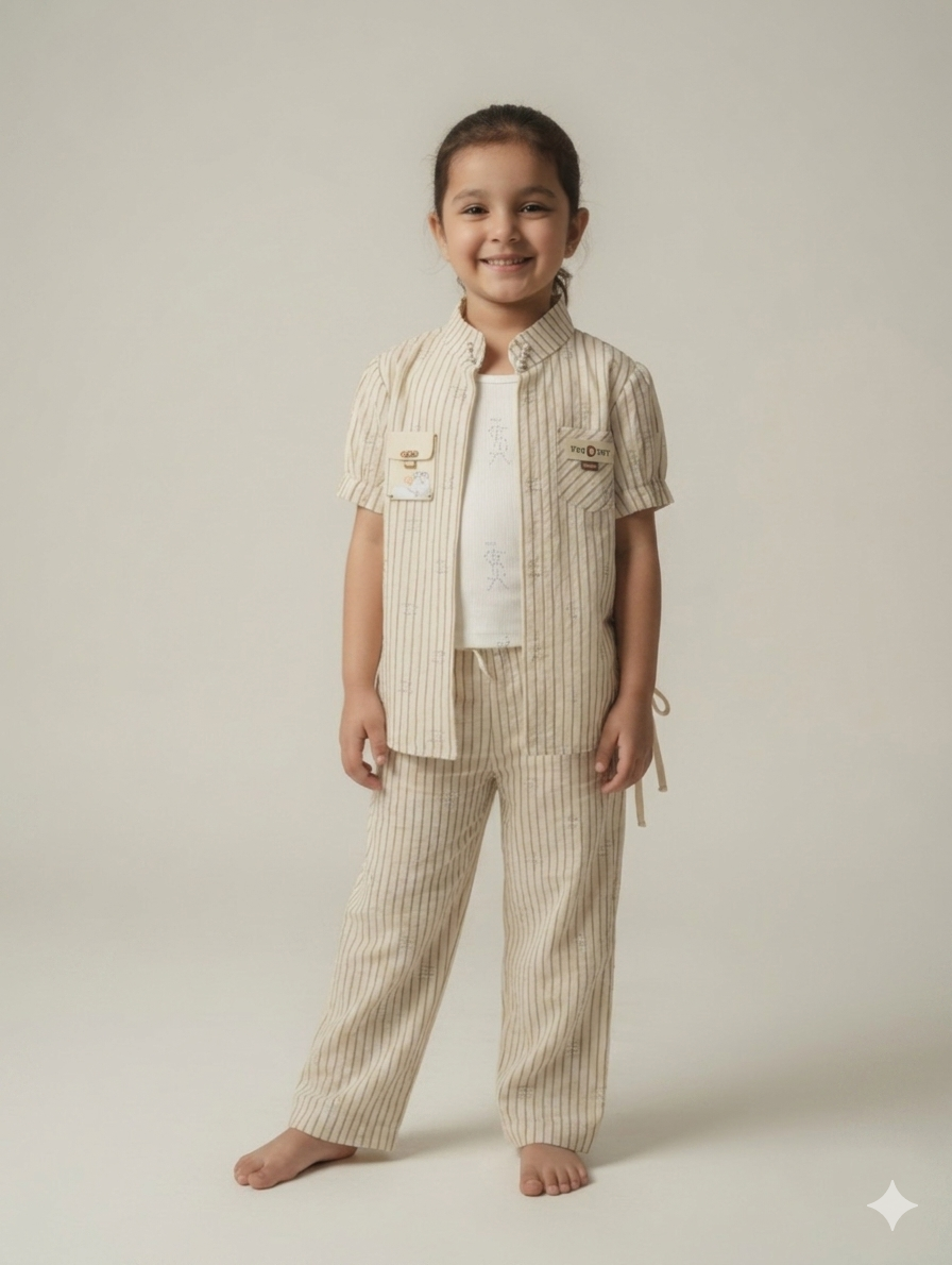 Charming Girls Three Piece Pinstripe Casual Set With Short Sleeve Shirt Tank And Trousers