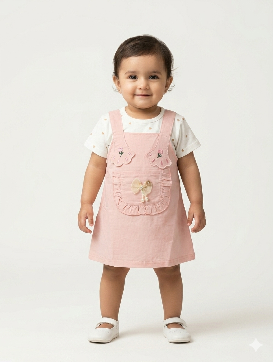 Toddler Girls Embroidered Pinafore Dress Set with Polka Dot Tee and Cute Ruffle Detail