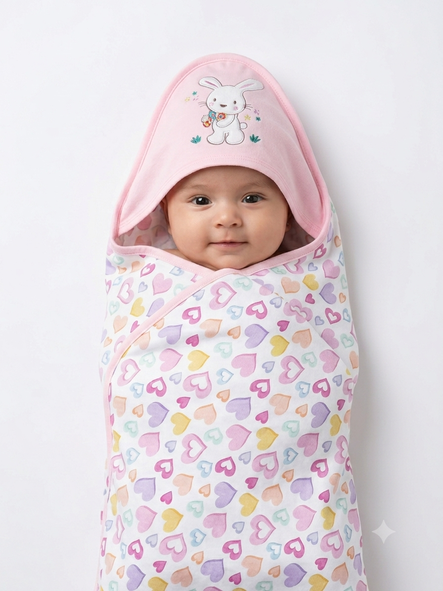 Cute Pink Hooded Baby Swaddle Blanket With Bunny Embroidery And Colorful Heart Print