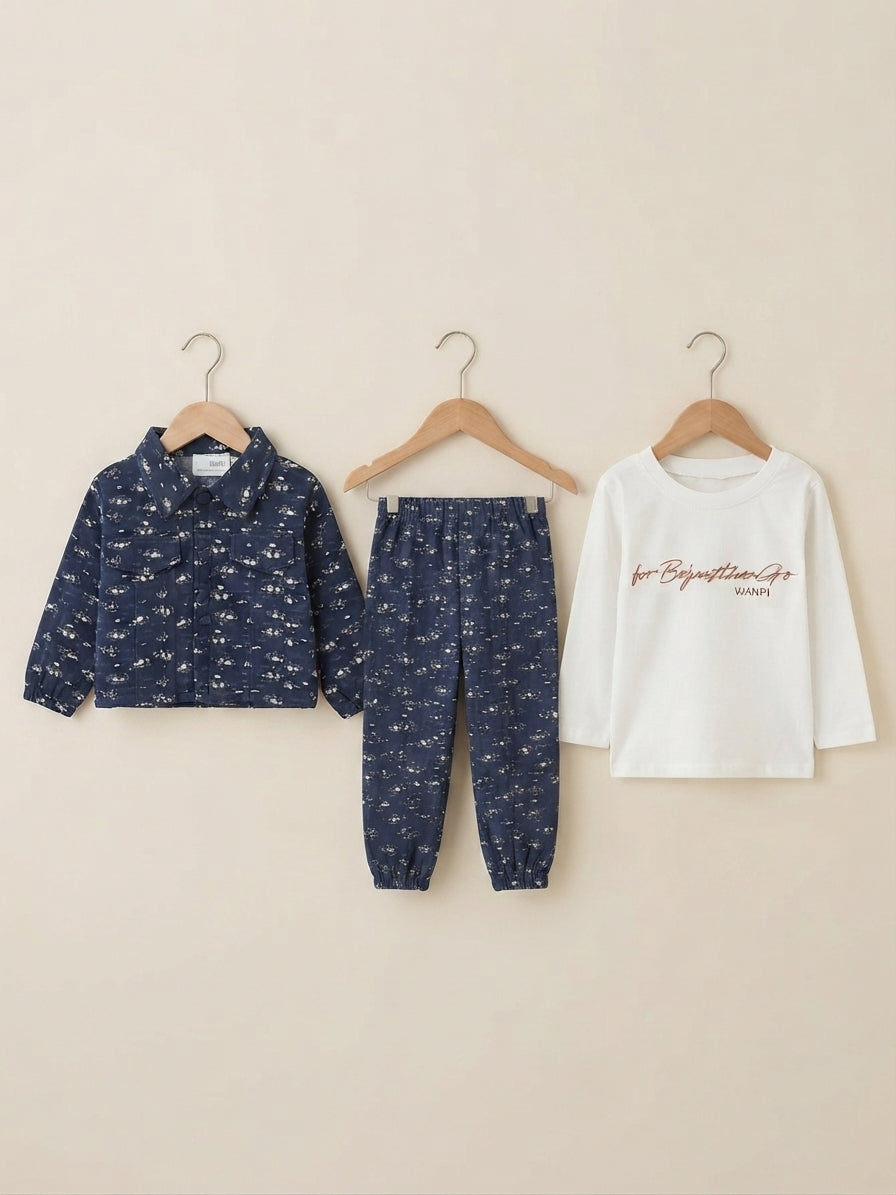 Kids Stylish 3-Piece Printed Jacket Trouser And T-Shirt Outfit Set