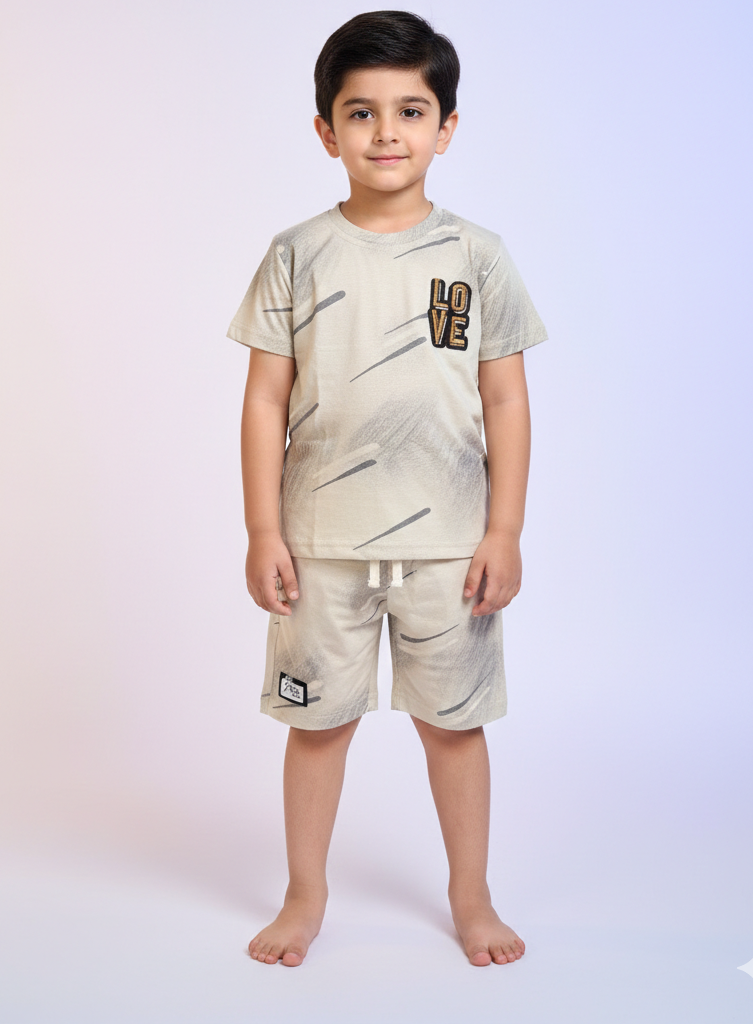Boys Light Beige Love Graphic Summer Set Cotton Short Sleeve Shirt and Matching Shorts