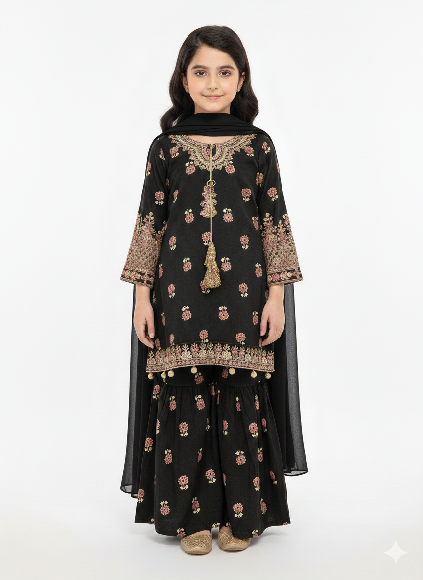 Elegant Girls' Traditional Embroidered Sharara Set With Gold Tassels And A Matching Chiffon Dupatta