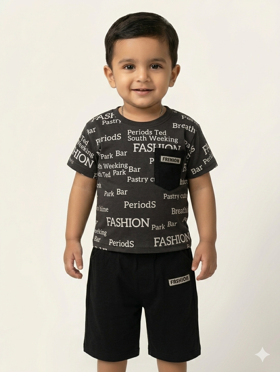 Boys Trendy All-Over Typographic Print T-Shirt and Matching Shorts Two-Piece Casual Summer Co-ord Set