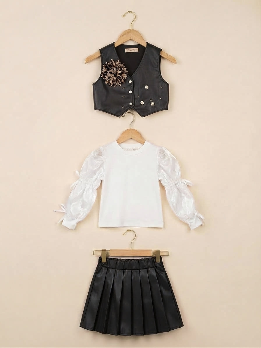 Girls Kids New 3-Piece Sequin Flower Vest Puff Sleeve Top Pleated Skirt Outfit Set